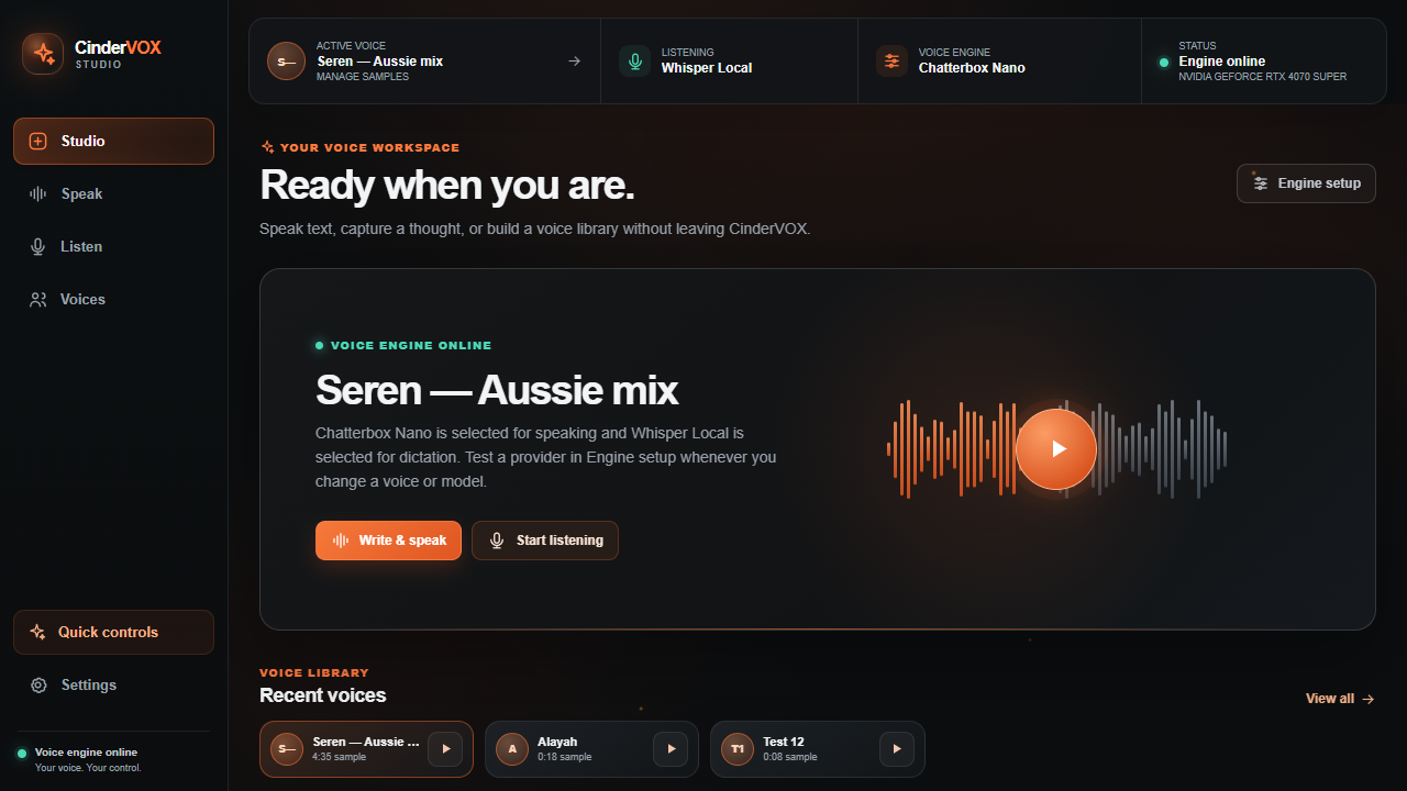 CinderVOX Studio development interface with speech and listening controls